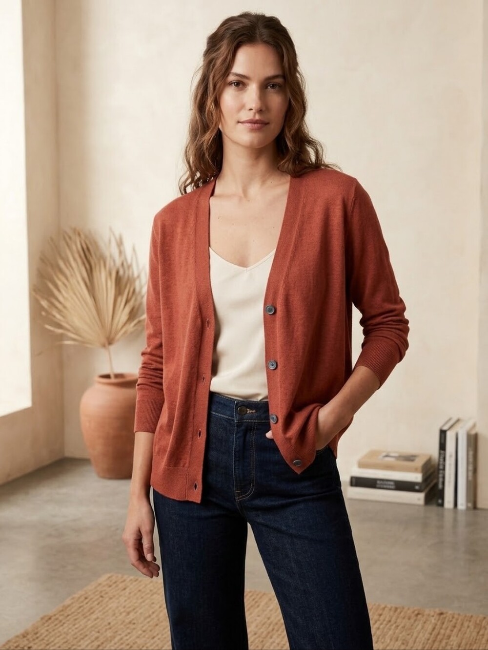 Banana Republic Women's Small Rust Burnt Orange V-Neck Button Front Cardigan